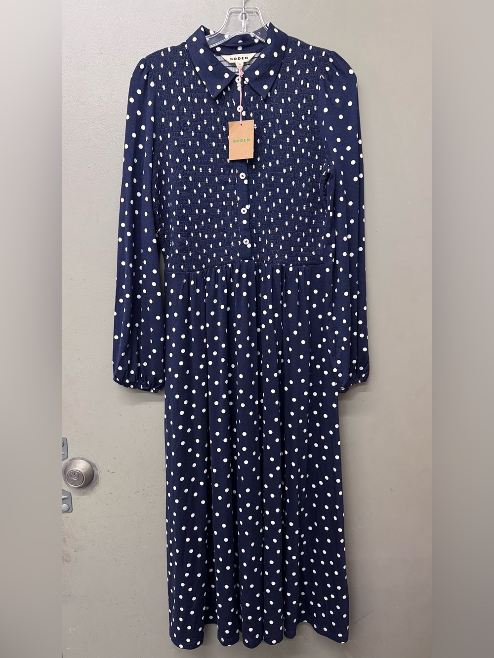 NWT Boden Blue Polka Dot Smocked Jersey Shirt Dress Size 8R